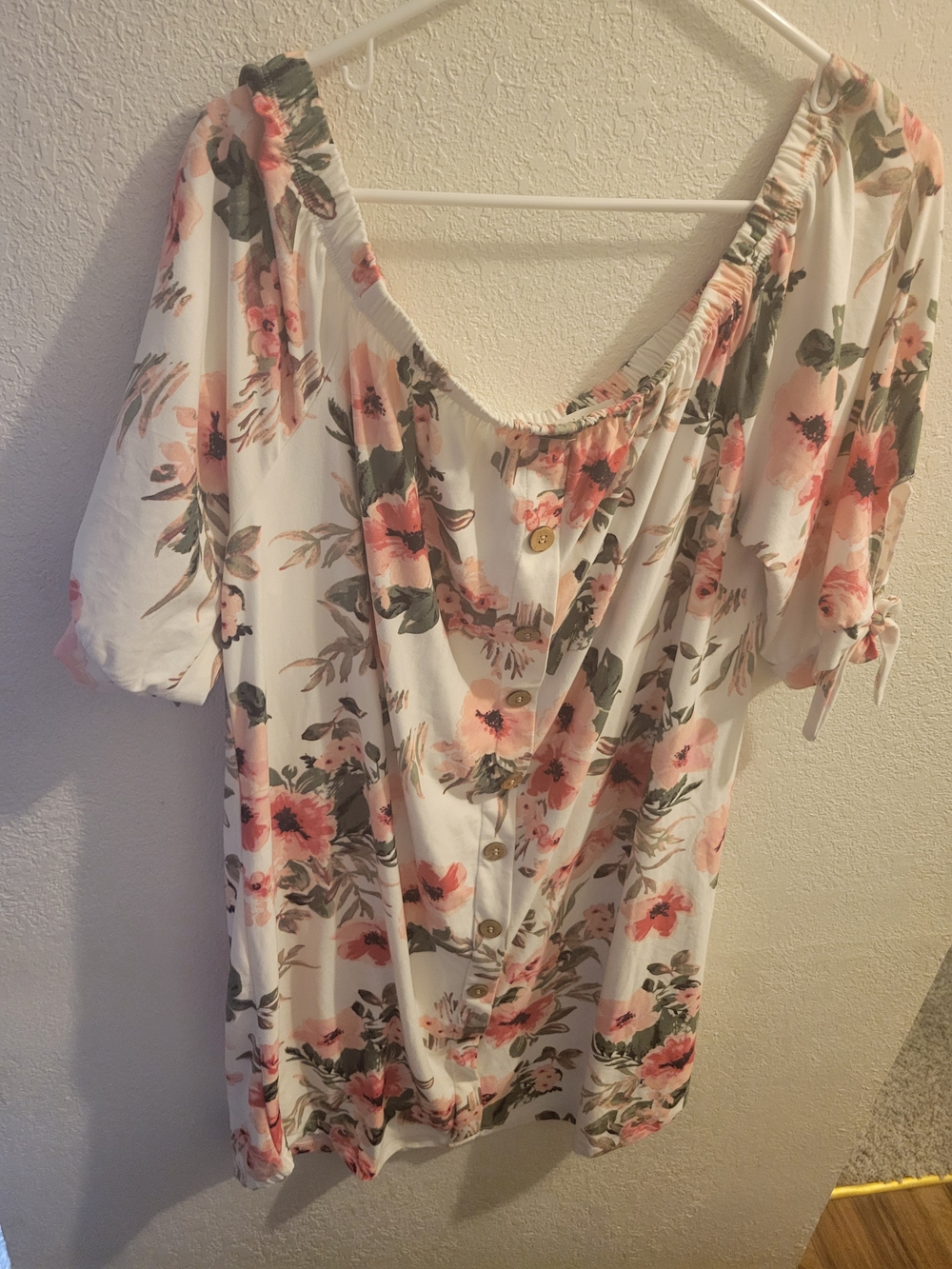 Floral Button-Front Off-Shoulder Dress - White with Pink Blossoms